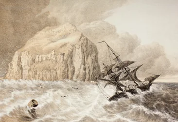 Haaksirikko Bass Rockia vastaan, Firth of Forth, John Howien (1735-93) teoksesta The Scots Worthies mukaan Howie
