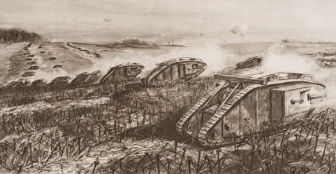 Panssarihyökkäys Cambraissa, Ranskassa, esimerkki H.G. Wellsin teoksesta "The Outline of History", osa II, julkaistu vuonna 1920