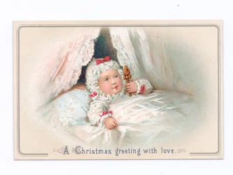 Viktoriaaninen joulukortti lapsesta sängyssä pitelemässä helistintä, n. 1880 (väri litho)