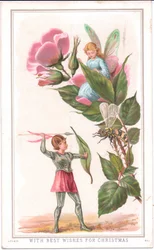 Viktoriaaninen joulukortti, jossa keiju istuu ruusussa ja toinen keiju heittää keihään ampiaiseen, n. 1880