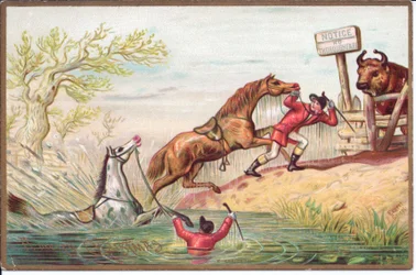 Viktoriaaninen joulukortti, jossa hevonen ryöstelee vedessä, kun ratsastaja vetää toisen maihin, n. 1880 (väri litho)