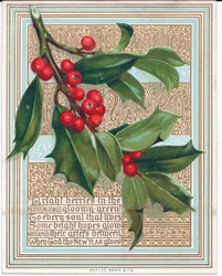 Viktoriaaninen joulukortti, jossa säkeen peittämä hollysuihke. Julkaisija Marcus Ward, n. 1880