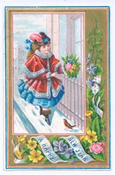 Viktoriaaninen uudenvuoden kortti tytöstä, joka on pukeutunut turkisvuoraukseen ja kävelee kukkakimpussa lumessa, n. 1880 (väri litho)