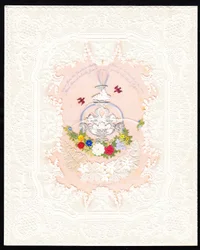 Viktoriaaninen paperipitsinen ystävänpäiväkortti, jossa on suihkulähde ja kukkia, n. 1870 (värilitografia).