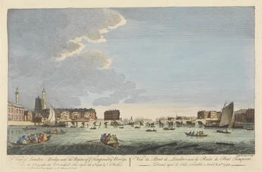 Näkymä Lontoon sillalle ja väliaikaisen sillan raunioihin 11. huhtikuuta 1758 tapahtuneen tulipalon jälkeen (värillinen kaiverrus)