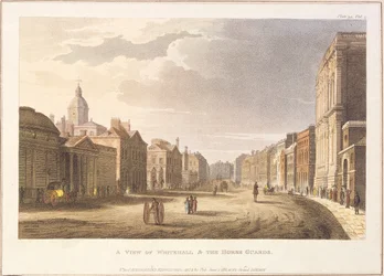 Näkymä Whitehallista ja hevosvartijoista, Ackermannin taidevarastosta, 1. kesäkuuta 1811