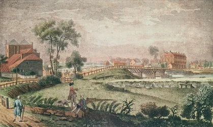 Länsinäkymä Chelsea Bridgestä, 1761 (värikaiverrus)