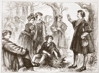 Wittembergin opiskelija saarnaa lehmusniityllä, esimerkki James Aitken Wylien (1808-1890) Protestantismin historiasta, pub. 1878