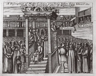 Kuvaus mestari Latimerista, joka saarnasi kuningas Edward Kuudennen edessä Westminsterin saarnaamispaikalla, John Foxen kuvitus teoksista Apostolien teot ja monumentit, yhdeksäs painos, pub. 1684