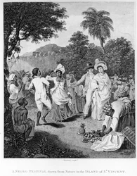 Festivaali St. Vincentin saarella Bryan Edwardsin Brittiläisten siirtokuntien Länsi-Intiassa historiasta, siviili- ja kaupallisuudesta, kaiverrettu Philipp Audinet, tarkistettu painos vuodelta 1794 (engr.