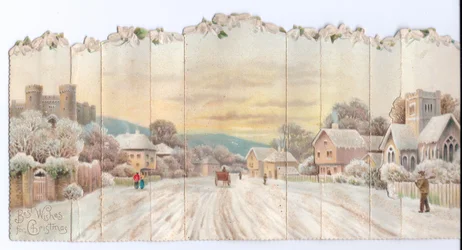 Taitettava konsertti Viktoriaaninen joulukortti linnasta ja kirkosta ja lapio lumessa kantavasta miehestä, n. 1880