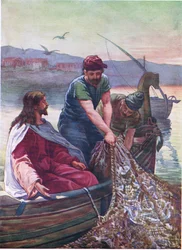 Suuri kalojen veto, Thomas Nelsonin julkaisemasta Raamatun kuvakirjasta, n. 1950 (värilitografia).