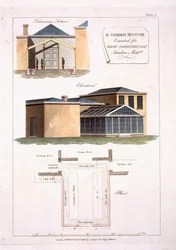 Kasvihuone goottilaisilla yksityiskohdilla liitettynä uusklassiseen taloon Richard Dickinson Esqille Hendonissa, Middlesexissä, 1806