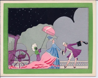 Käsin väritetty ranskalainen pochoir-joulukortti, jossa hovimies kumartaa ylhäiselle naiselle tämän mustan palvelijan pitäessä sateenvarjoa suojellakseen häntä lumelta, noin 1920