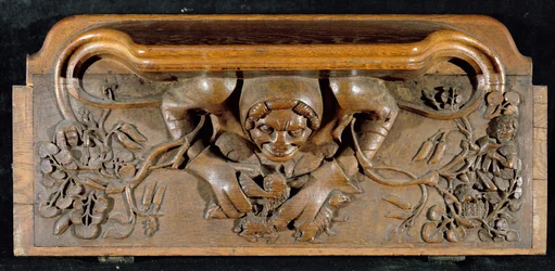 Kurjuusormi, joka kuvaa ogrea, jolla on valtavat hartiat, New College Chapel, Oxford, 1300-luvun loppu (puuta)
