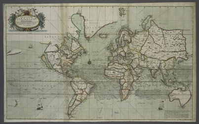 Uusi ja oikea maailmankartta merikartrasta, 1707 (käsinvärinen painatus)