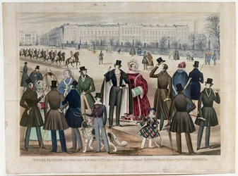 Näkymä Regents Parkissa Lontoossa, joka esittää talvimuotia vuosina 1840 ja 1841, julkaissut B.Read & Co, 1840 (akvatinta paperilla)