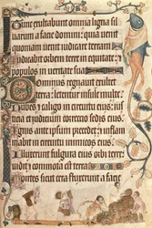 Lisää 42130 f.173 Maissipyyhkeiden pinoaminen Luttrell Psalterista, aloitettu ennen vuotta 1340 Sir Geoffrey Luttrellille (1276-1345) (vellum)