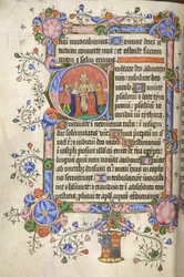 Lisätä. 42131 fol.151v Psalmin 80 alku; alkukirjain "E": Daavidin ja Michalin avioliitto, molemmat kruunattiin, Bedford Psalter and Hoursista