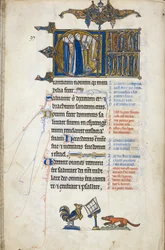 Add. 50000, fol. 146v, psalmi 97; C-alkukirjain, kolme pappismiestä laulamassa lukupulpetin ääressä. Lehden alareunassa kukko saarnaa ketulle, Oscottin psalttarista, noin 1265-70