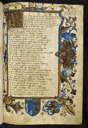 Lisätä. 5140 f.2 Alkukirjain "W", prologi Geoffrey Chaucerin "Canterbury Tales" -teokselle, n. 1500 (muste ja väri vellum)