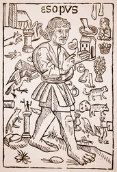 Aesop, William Caxtonin (n. 1422-1491) Aesops Fablesin etukappale, 1434 (seepiakuva)