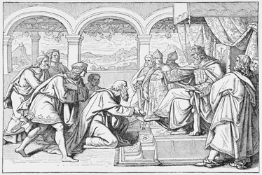 Haroun al Raschidin (n. 766-809) lähettiläitä ennen Kaarle Suurta (768-814), Emile de Bonnechosen kirjoittamasta Ranskan historiasta, julkaisija Ward, Lock and Co, Lontoo