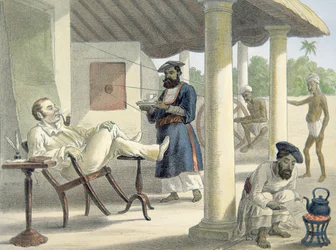 Englannin virkamies ja hänen syntyperäiset palvelijansa, n. 1860 (väri litho)