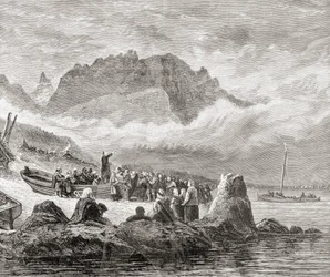 Vapaajumalanpalvelus Skyen saarella, Sisä-Hebridit, Samuel G. Greenin vuonna 1886 julkaisemasta teoksesta "Scottish Pictures Drawn with Pen and Pencil" (Skotlannin kuvia kynällä ja lyijykynällä piirrettynä).