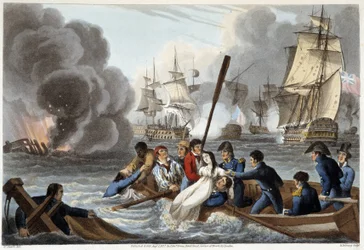 Anekdootti a Trafalgar in "Historiallinen, sotilaallinen ja merivoimien anekdootteja ja tapahtumia, jotka saapuivat aseisiin Ison-Britannian ja niiden liittolaiset, päättyy Waterloo" Edward Orme. Kuvittaneet Fry, Sutherland, Clark, Dubourg, W.Heart, JA, At