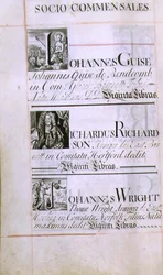 Arkisto 3693 f.60v Sivu, jossa on kolme New Collegen, Oxfordin hyväntekijää; Johannes Guise, Richardus Richardson ja Johannes Wright, Benefaction Bookista, 16812-84 (kynä ja muste)