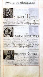 Arkisto 3693 f.63 Sivu, jossa on kolme New Collegen, Oxfordin hyväntekijää; Halswell Tynte, Gulielmus Fellowes ja Johannes Rogers, Benefaction Bookista