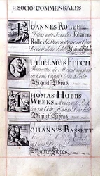Arkisto 3693 f.65 Sivu, jossa on neljä New Collegen, Oxfordin hyväntekijää; Joannes Rolle, Gulielmus Fitch, Thomas Hobbs Weeks ja Johannes Bassett, Benefaction Bookista