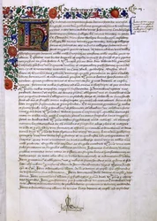 Arkisto 9432 f.3 Sivu tekstiä, jossa on valaistu alkukirjain "H", Robert Sherbornen tai Shirburnin (n. 1450-1536) Chichesterin piispa (vellum) peruskirjasta