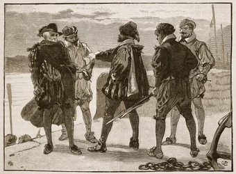 Sir Walter Raleighin pidätys, kuvitus Cassells Illustrated History of Englandista (seepiakuva)