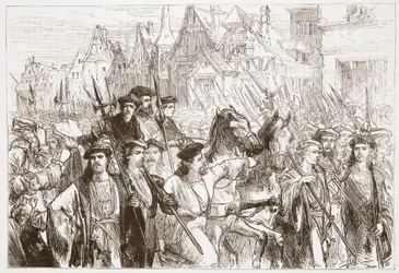 Wittembergin teologien saapuminen Leipsiciin, kuvitus James Aitken Wylien (1808-1890) teoksesta The History of Protestantism, pub. 1878