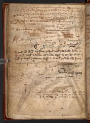 Arundel 292, f.114v, Käsikirjoitus, jossa on useita kynäkokeita, joka havainnollistaa, mikä este sulkakynä oli joukkolukutaitoon (kynä ja muste paperille)
