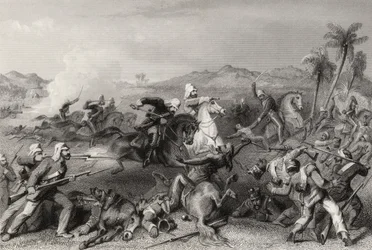 Kenraali Nicholsonin epäsäännöllisen ratsuväen hyökkäys Sealcote-kapinaajia vastaan vuonna 1857, vuonna 1858 julkaistusta "Intian kapinan historiasta"