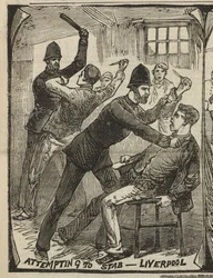 Puukotusyritys – Liverpool, julkaisusta "Illustrated Police News", 27. syyskuuta 1884 (kaiverrus)