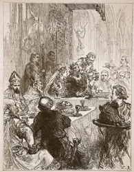Juhlatilaisuus Henryn ja Eleanor of Provencen häissä, kuvitus Cassells Illustrated History of Englandista (seepiakuva)