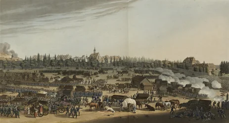 Leipzigin taistelu, 16.-19. lokakuuta 1813, teoksesta An illustrated record of important events in the Annals of Europe during the years 1812, 1813, 1814 & 1815, 1815 (väriakvatintta).