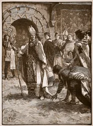 Becket vihollistensa edessä Northamptonin neuvoston salissa, kuvitus Cassells Illustrated History of Englandista (seepiakuva)