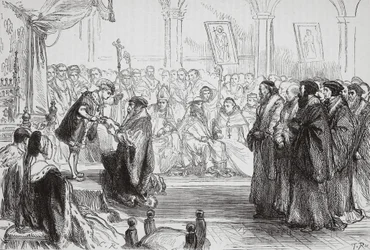 Beza esittelemässä Ranskan protestanttisen kirkon tunnustusta kuninkaalle Poissyn keskustelutilaisuudessa, esimerkki James Aitken Wylien (1808-1890) teoksesta The History of Protestantism, pub. 1878 (engra