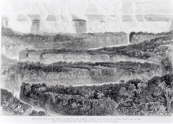 Lintuperspektiivistä näkymä Sambesin suuriin kaihiin (Victoria Falls), kertomus näyttelystä Sambesiin ja sen sivujoille, julkaistu 1865