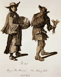 Osta uusi almanakka! Hieno kirjoitusmuste!, kuva katumyyjistä noin vuodelta 1675