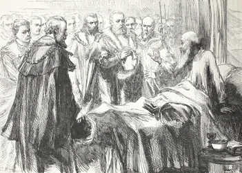 Calvin puhuu neuvostolle viimeistä kertaa, esimerkki James Aitken Wylien (1808-1890) teoksesta The History of Protestantism, pub. 1878