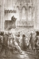 Calvin saarnaa jäähyväissaarnaansa karkotuksen odotuksessa, esimerkki James Aitken Wylien (1808-1890) teoksesta The History of Protestantism, pub. 1878