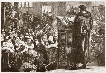 Calvin uhkasi Riven kirkossa, esimerkki James Aitken Wylien (1808-1890) teoksesta The History of Protestantism, pub. 1878