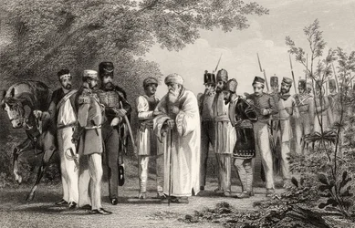 Kapteeni Hodsonin Delhin kuninkaan vangitseminen vuonna 1858 julkaistusta "Intian kapinan historiasta"