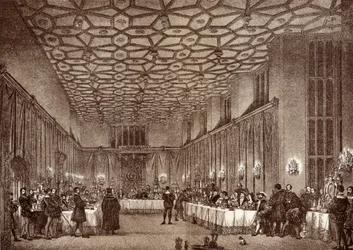 Kardinaali Wolsey viihdyttämässä Ranskan suurlähettiläitä Hampton Courtin palatsissa Ernest Lawn julkaisusta "History of Hampton Court Palace in Tudor Times", julkaistu Lontoossa 1885